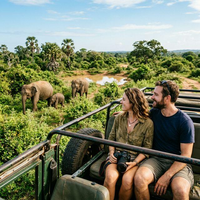 Couple on an authentic Sri Lankan safari in Yala National Park overlooking wild elephants