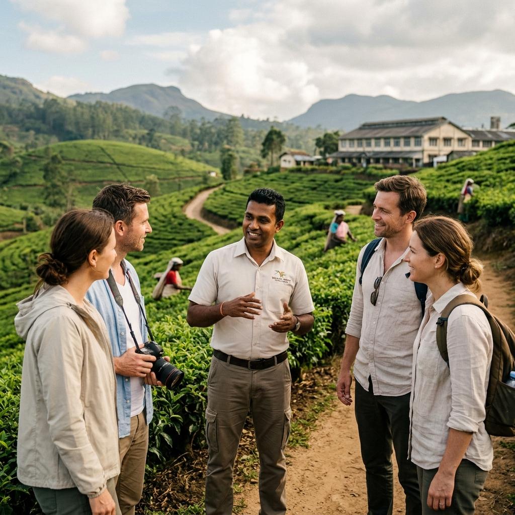 Professional Sri Lankan travel guide showing tea estate to tourists