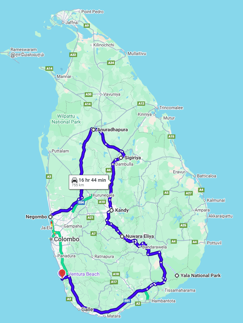 Sri Lanka Dream Route (10 days) Map