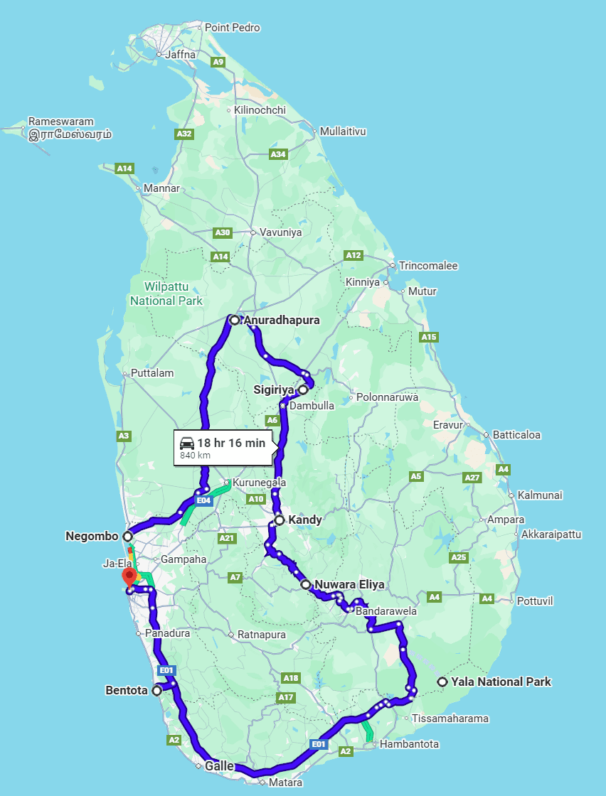 Ceylon Panorama Journey (12 days) Map