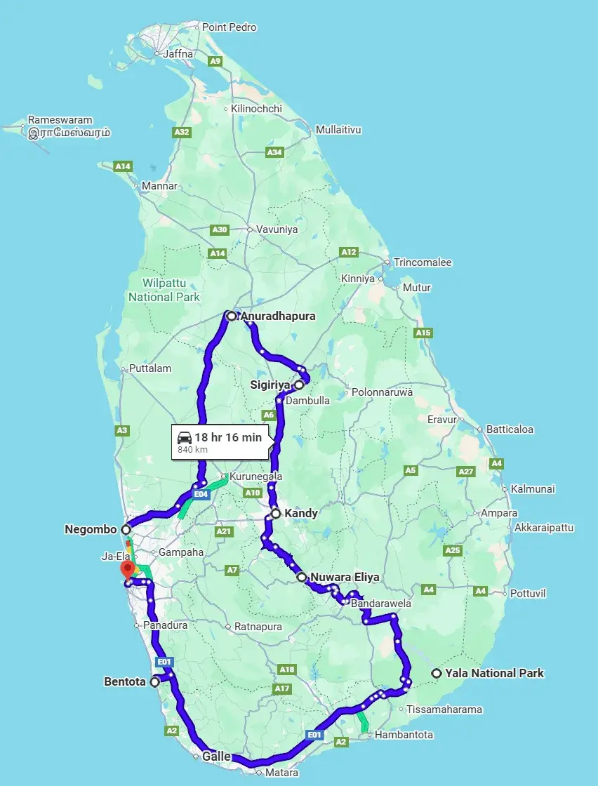 Ceylon Panorama Journey (12 days) Map
