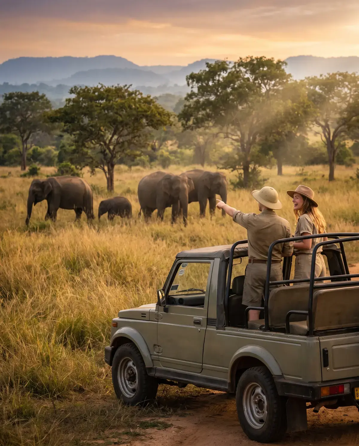 Couple on an authentic Sri Lankan safari in Yala National Park overlooking wild elephants